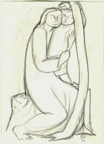 Mutter mit Kind und Schriftband Mutter mit Kind und Schriftband