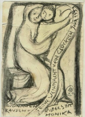 Mutter mit Kind und Schriftband Mutter mit Kind und Schriftband